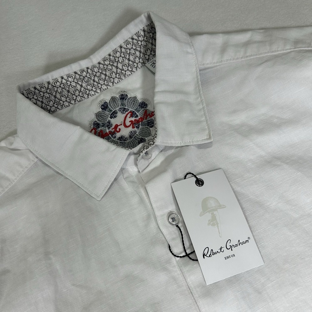 NWT Robert Graham Men 2XL White Linen Blend Classic Fit Borsi Short Sleeve Shirt